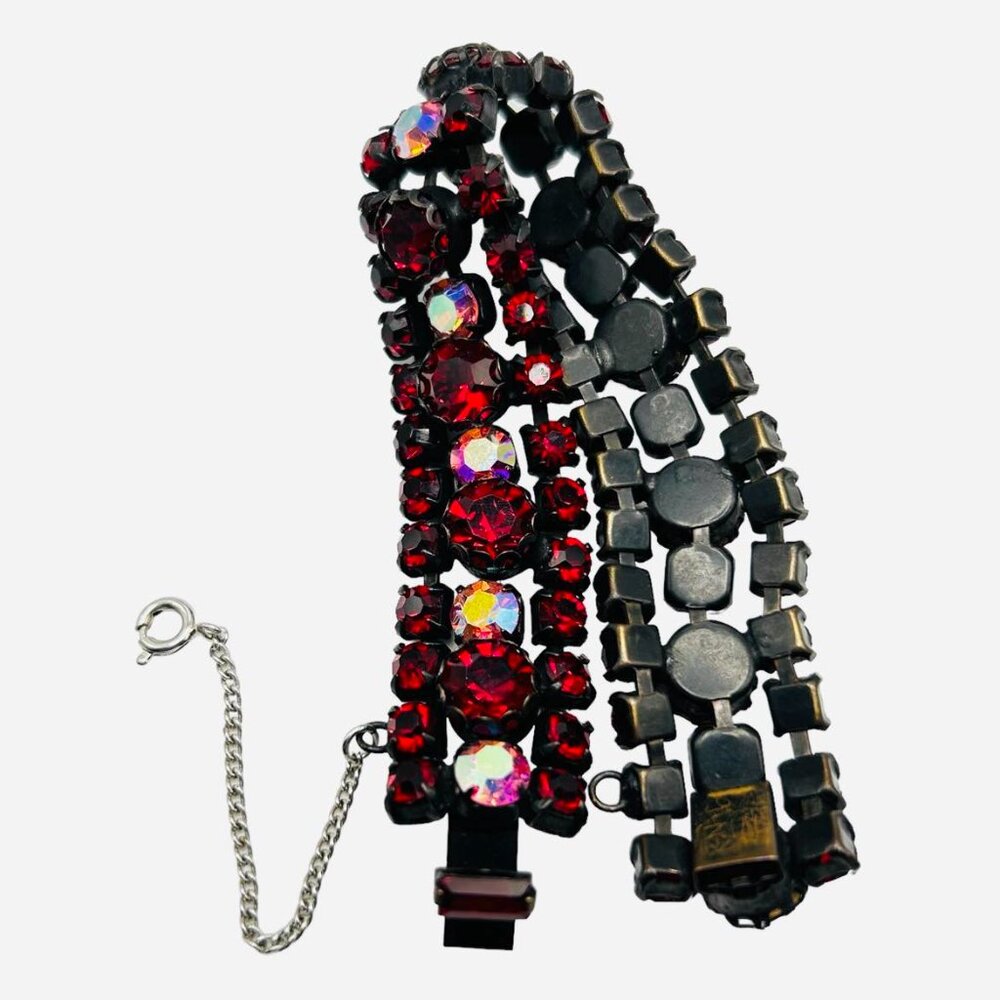 Stunning Vintage Regency Red Rhinestone AB Gun Metal Bracelet
